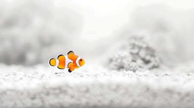 A solitary clownfish swims in a minimalist aquarium