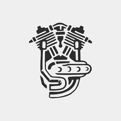 V-Twin Motorcycle Engine Illustration. Classic Custom Machine Bike Motor Design. Atmospheric V-twin motorcycle engine illustration in bold black and white style.