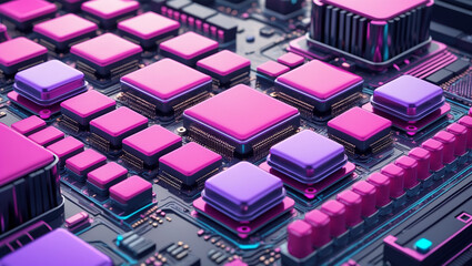 Abstract futuristic circuit board with pink and purple components