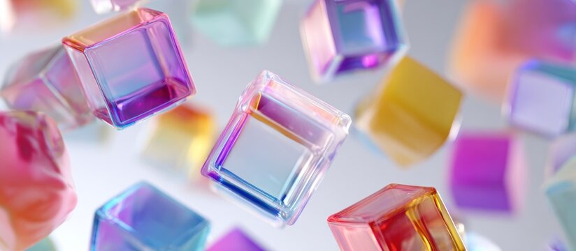 Floating colorful, translucent cubes with rainbow refraction on a light backdrop