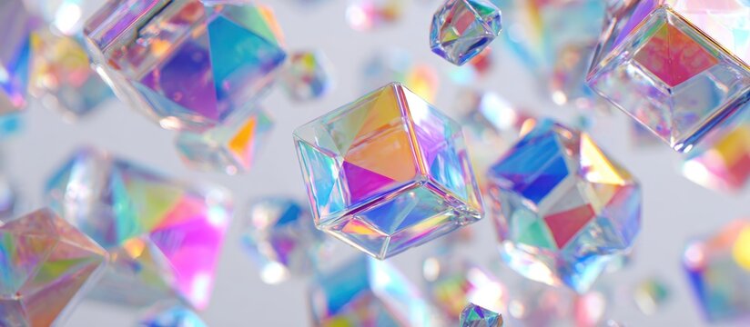 Iridescent cubes float in a white space, catching rainbow reflections
