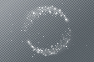 White glitter circle frame. Sparkling lights, glow and magic dust. Snowy light effect for Christmas, party posters, winter banners, photo overlays. Remove transparent background in vector file.