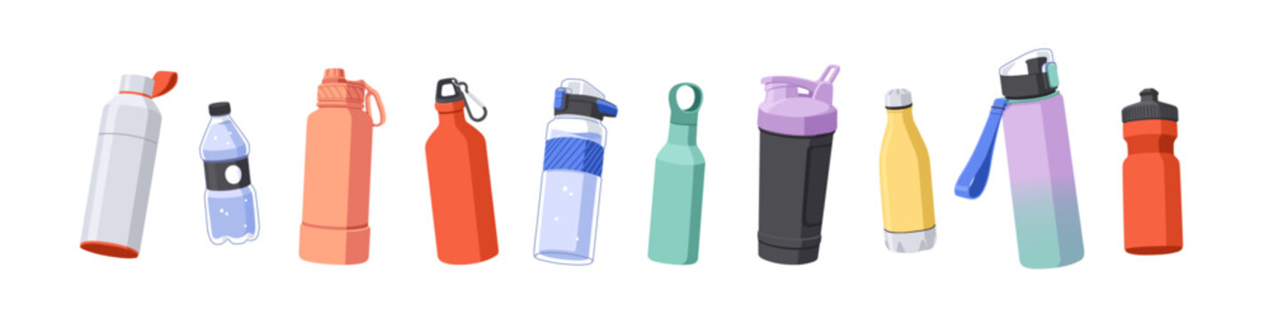 Gym bottles set for water hydration. Reusable plastic and metal shakers, flasks with lid. Fitness and sport accessory, drink for training. Flat vector illustration isolated on white background
