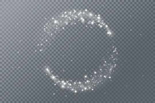 White glitter circle frame. Sparkling lights, glow and magic dust. Snowy light effect for Christmas, party posters, winter banners, photo overlays. Remove transparent background in vector file.