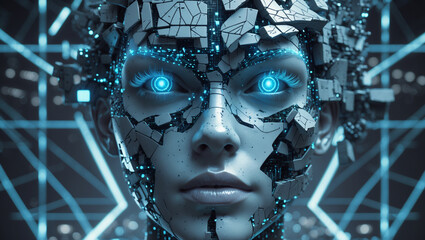 Futuristic ai robot face with glowing blue eyes and digital circuits