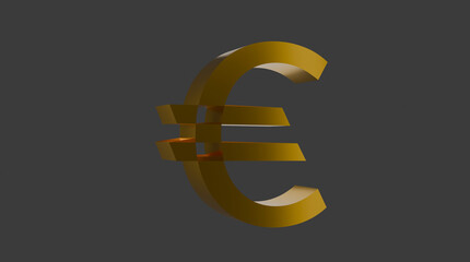 Shiny gold euro symbol floating against a grey background highlighting financial themes and currency design