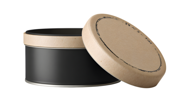 round black tin with kraft label and white lid on pi