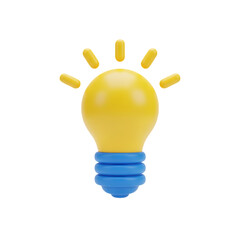 3d icon of a bright yellow light bulb with blue base emitting light rays isolated on transparent background with png file