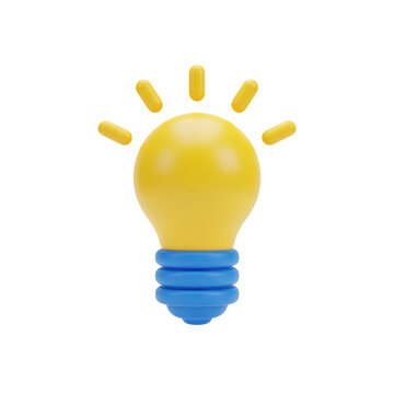 3d icon of a bright yellow light bulb with blue base emitting light rays isolated on transparent background with png file