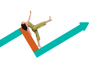 Composite collage picture of mini funky girl walk big growing arrow pointer upwards isolated on beige background