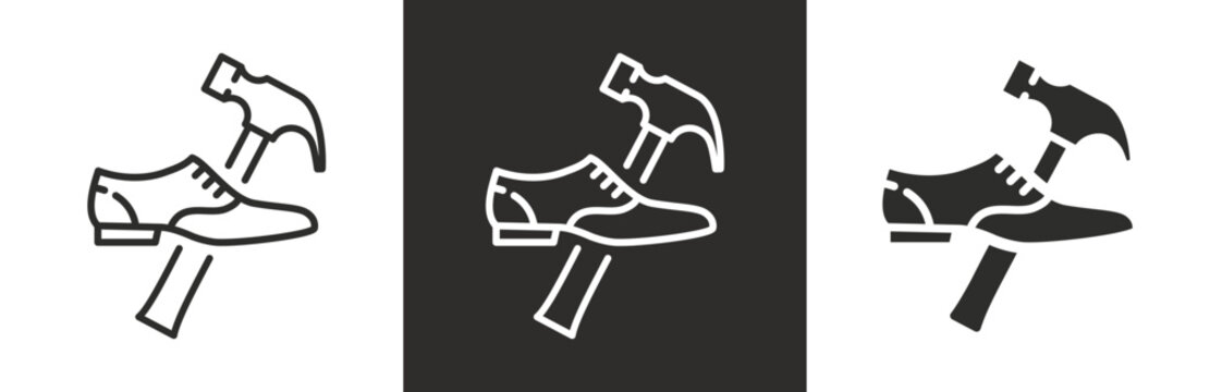 flat and linear set icons, men's classic shoe service, shoe repair icon, footwear, simple symbols on white and black background - editable stroke vector illustration