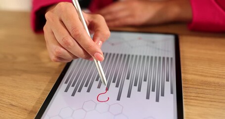 Woman hand with manicured nails puts question mark with stylus interacting with graph and bar on tablet screen. Process of analysis and digital design - Powered by Adobe