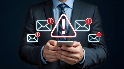 Urgent email alerts signal critical security issue on businessman's phone