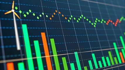 Renewable energy investment with colorful bar chart and wind turbine icon digital financial graph background showing finance growth and positive trend - Powered by Adobe