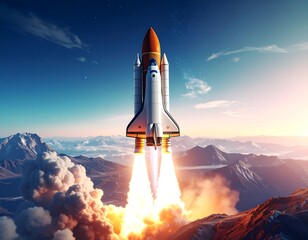 Rocket launching into sunrise over mountainous landscape