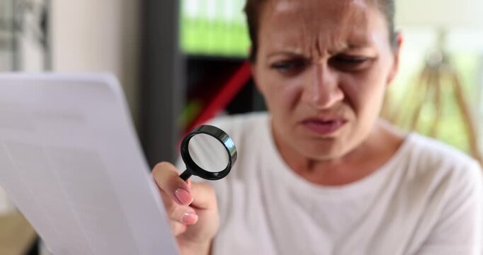 Woman with squinting expression holds magnifying glass and paper. Difficulty of understanding information symbolizes need for closer examination