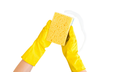 Cleaning action with a sponge tool home product everyday use top view isolated on solid white background