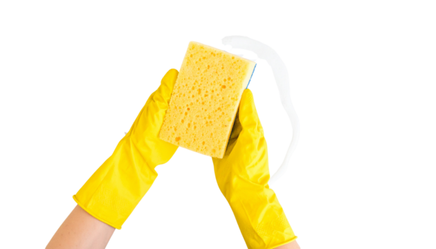 Cleaning action with a sponge tool home product everyday use top view isolated on solid white background