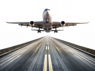  Long runway with a large airplane taking off
isolated on white background
 ,PNG.AI Generated.