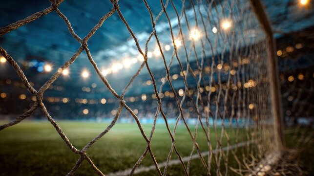 High definition photo of football or soccer net background, goal back view with blurred stadium and field pitch.