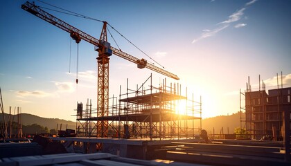 建設現場とクレーンのシルエット