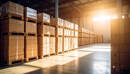 大型倉庫に積み上げられたパレットとダンボール箱