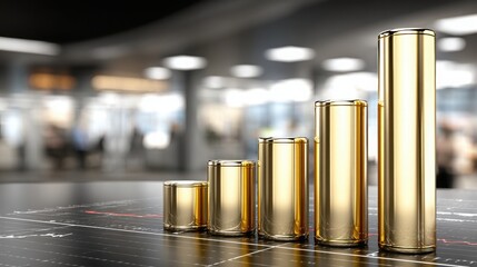 Collection of gold cylinders representing bioenergy roi chart metrics depicting return on investment in energy resources