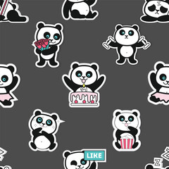 seamless pattern with panda is a bear species endemic to China, bamboo shooots, dancing panda, black and white vector art illustration design