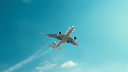 Naklejka premium Airplane climbing into a clear blue sky, leaving white contrails against a backdrop of soft clouds.