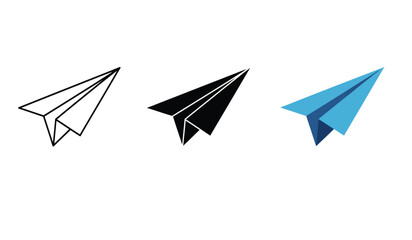 Paper Airplane Icons in Different Styles Outline Solid Black and Blue Gradient Symbolizing Travel Communication and Childhood Nostalgia on White Background