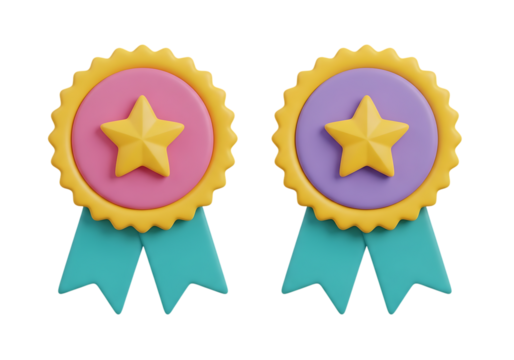 3d icon of two 3d rendered award badges with star isolated on transparent background, symbolizing achievement and recognition with png file