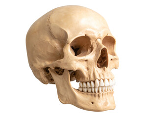 Obraz premium Human skull with jaw and teeth isolated on a white background, a common subject in medicine and anatomy