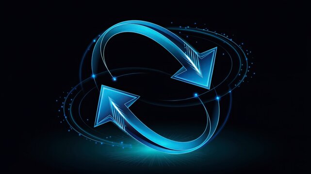 A futuristic 3D rendered graphic of two illuminated arrows forming a loop on a dark background, ideal for presentations on technology, business strategies, and continuous improvement. 
