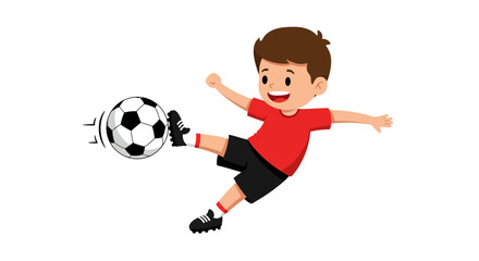 Fototapeta premium Boy kicks soccer ball joyful wearing red shirt black shorts in motion