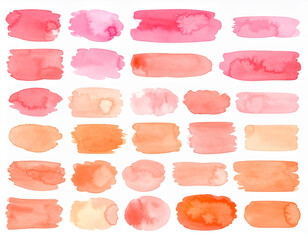 set of pink orange watercolor brush stroke isolated on white background.border, colours, invitation, spot, stain, stripes, blot, drawing, frame, graphic, ink, splash, vignetting, wedding, abstract, 