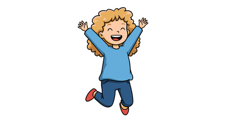 Obraz premium Cartoon of child with curly hair in blue shirt jeans jumping up with arms raised against a white background