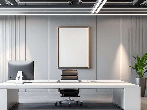 Modern office interior with desk computer and artwork