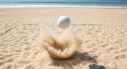 Beach volleyball in action Sand flies as ball hits the ground