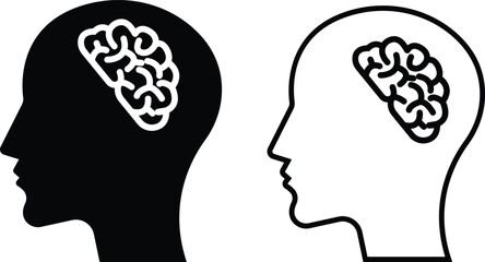 Human head idea icon set creativity and innovation symbol collection with brain, group in flat black solid and line outline style vector illustration for business and education isolated on transparent