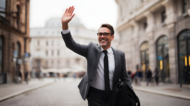 Smiling businessman in a suit waving hello on a city street, creating a positive and welcoming impression.