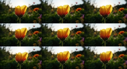Obraz premium Backlit Yellow Flower Bloom with Orange Hues in a Lush Green Garden Setting