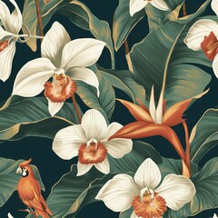 Luxurious wallpaper featuring paradise birds among the blossom flowers, monstera leaves, tropical plants in soft amber with glitter accents, on deep teal background. Exotic seamless pattern