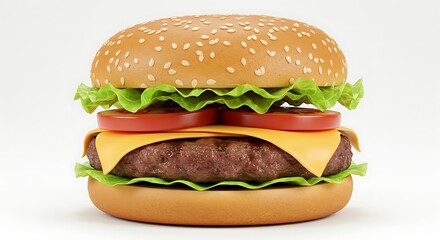 Delicious Burger with Sesame Seed Bun, Cheese, Tomato, Lettuce, and Juicy Patty on White Background