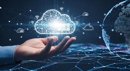 Hand holding a glowing cloud with various data icons, representing cloud computing and digital storage.

