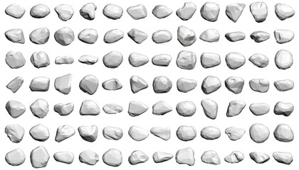 White rocks form a symmetrical 3D polygonal model resembling a stone on a clean white background. The precise arrangement creates visual balance and geometric elegance. Each facet reflects light.