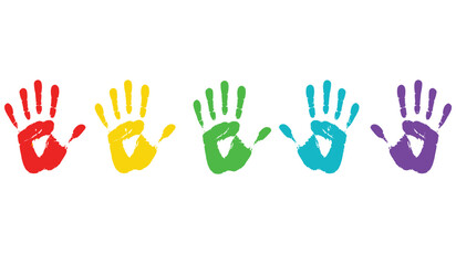 Colorful Handprints on White Background Representing Childhood Art and Community Involvement Ideal for Educational or Creative Projects and Designs