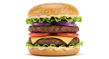 Delicious Double-Decker Burger with Fresh Ingredients on White Background