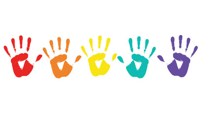 Colorful Handprints on White Background Representing Diversity Inclusion Childhood Art and Community Involvement with Orange Yellow and Teal Hand Prints