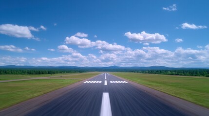 Runway Horizon: Perspective view of a long runway stretching towards the horizon under a vast sky, embodies the idea of journey, travel, and limitless possibilities. 
