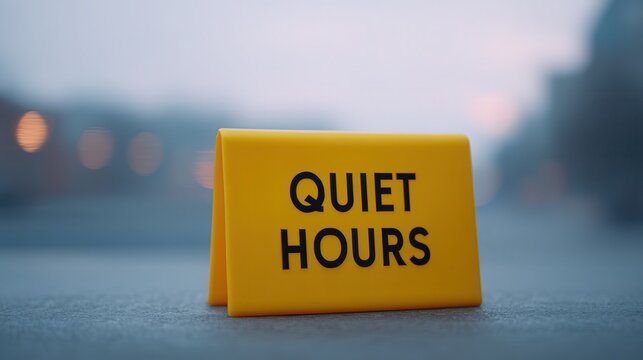 Quiet Hours Sign: A yellow sign, emblazoned with the phrase Quiet Hours, stands as a silent sentinel amidst a serene and blurred urban landscape, softly illuminated by muted ambient light.